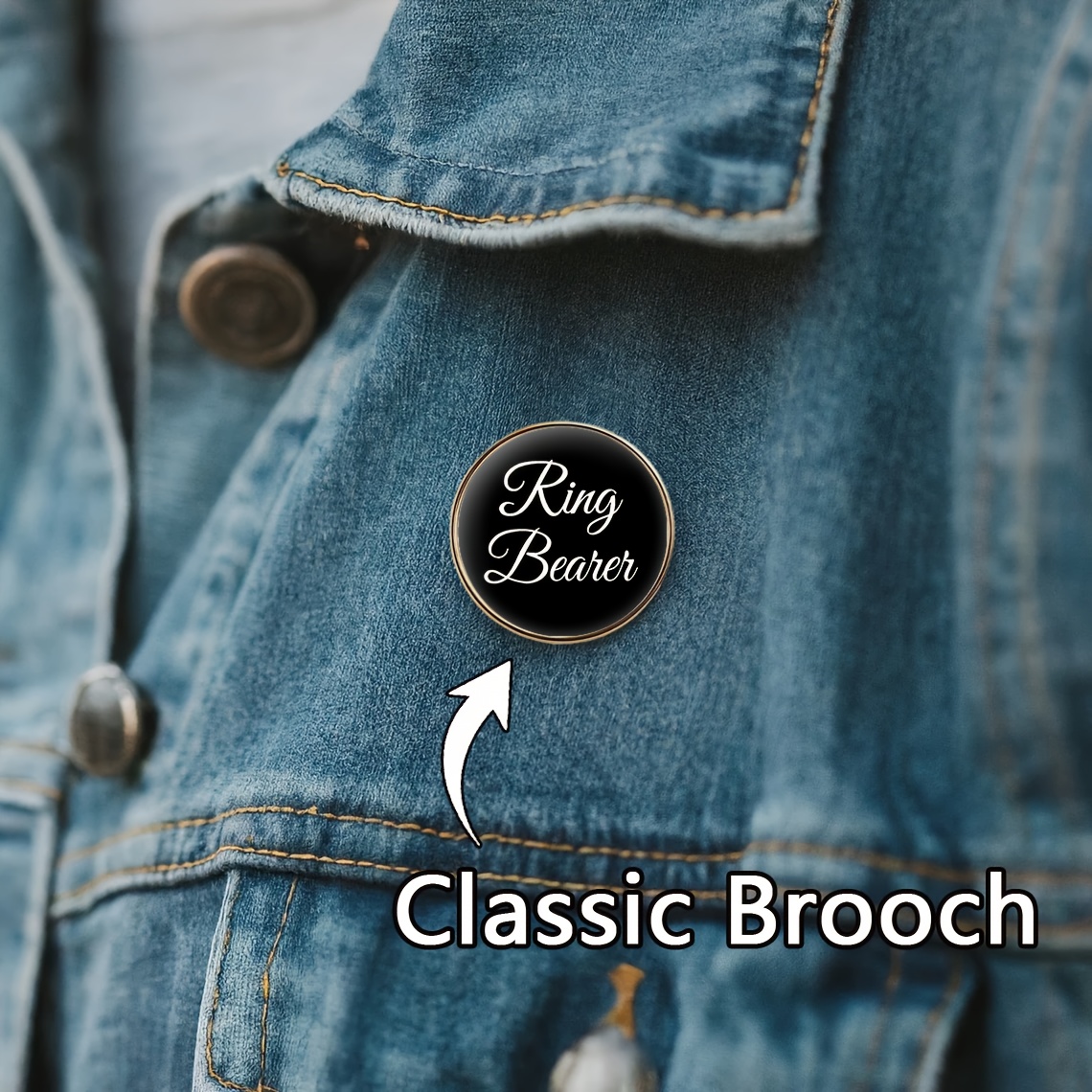 TEMU 1pc Packaging, Color- Schoolbag Sweater Accessory Brooch Pin, Black With White Cursive "ringbearer" , A Simple And Stylish Wedding Accessory,