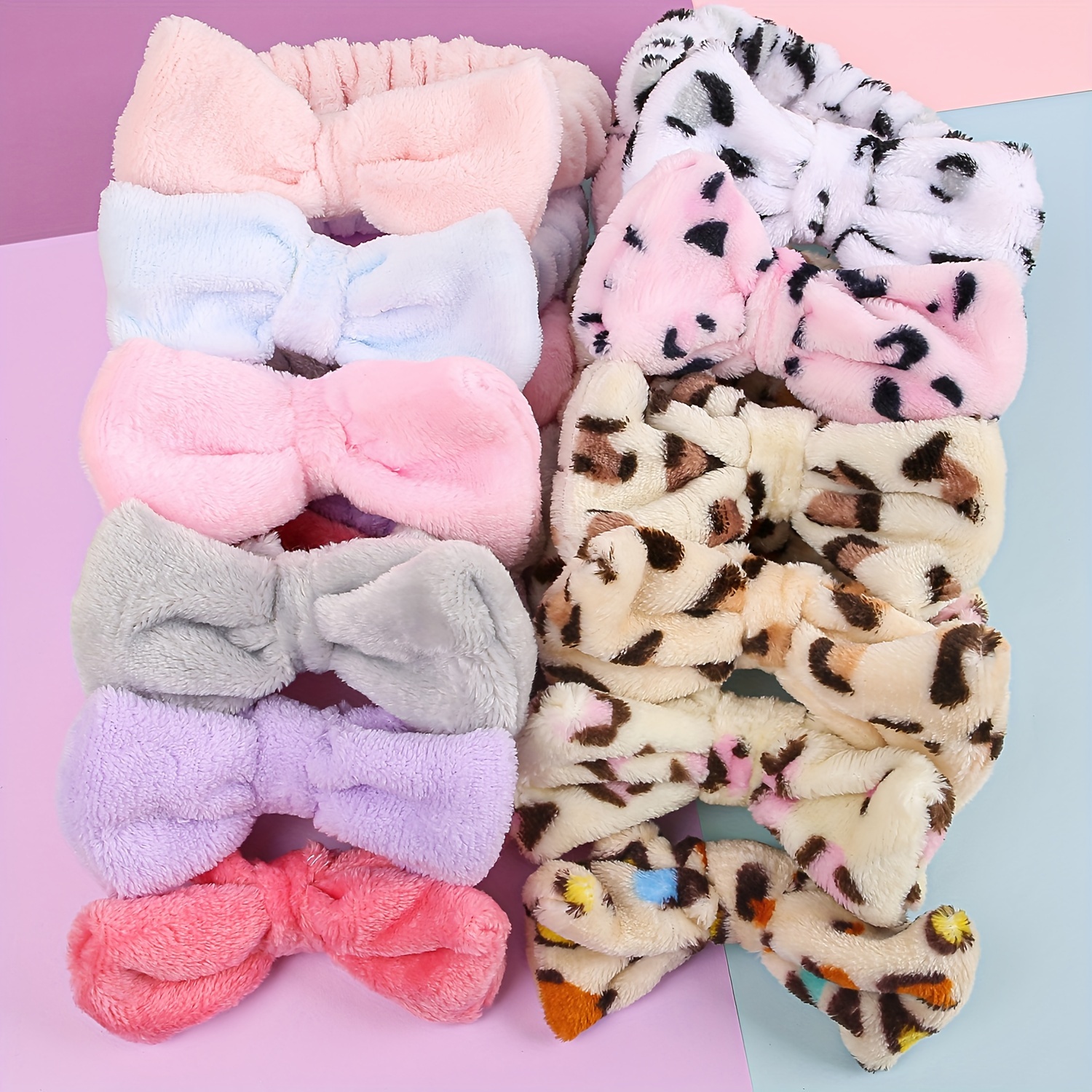 

12pcs Spa Bow Headbands, Coral Fleece Makeup Cosmetic Headband For Washing Face, Shower Terry Cloth Hair Band For Women Facial, Leopard And Solid