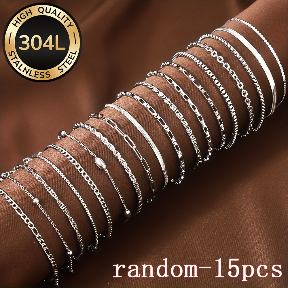 Image of 15pcs [random] Fashionable Stainless Steel Bracelet For Women, Elegant And Luxurious Jewelry Set That Does Not Fade, Suitable For Daily And Party Wear. Birthday Gift
