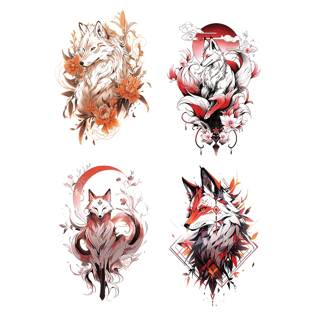 Image of 4pcs Waterproof Temporary Tattoo Sticker -tailed Fox Totem Flowers Vines Branches Pattern Body Art Arm Fake Tattoos Sleeve For Women Men Aldult Shoulders Back Abdomen Waist Legs Ankles