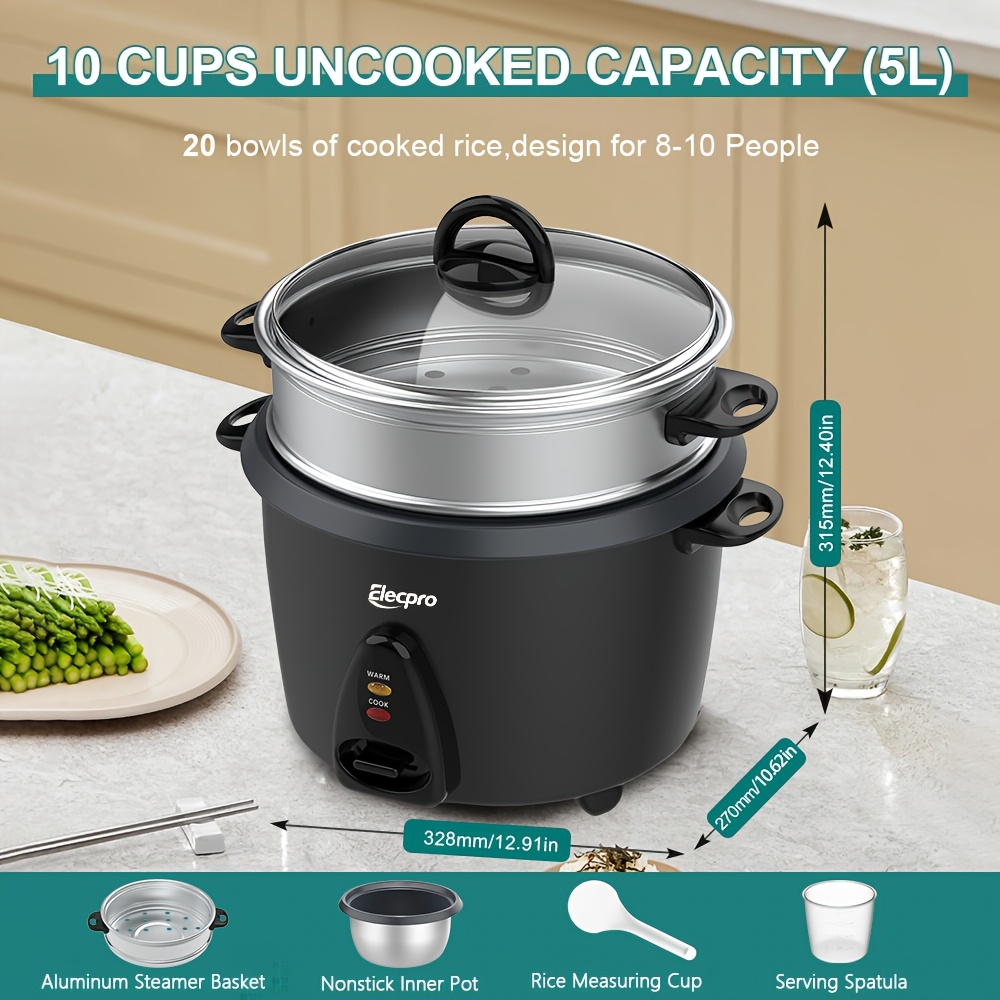 elecpro large rice cooker 10 cups & 1.8l uncooked | cooks for 1 10 people, glass lid, removable food grade non stick pan, aluminum steamer for soups, stews, grains, and oatmeal