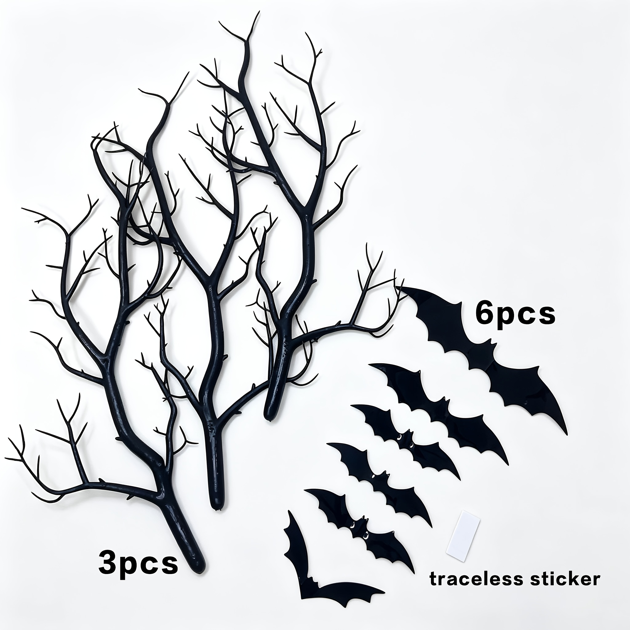 TEMU 3 pezzi di rami d'albero artificiali e 6 pezzi di pipistrelli artificiali, in plastica, adatti per decorazioni di Halloween, decorazioni per la