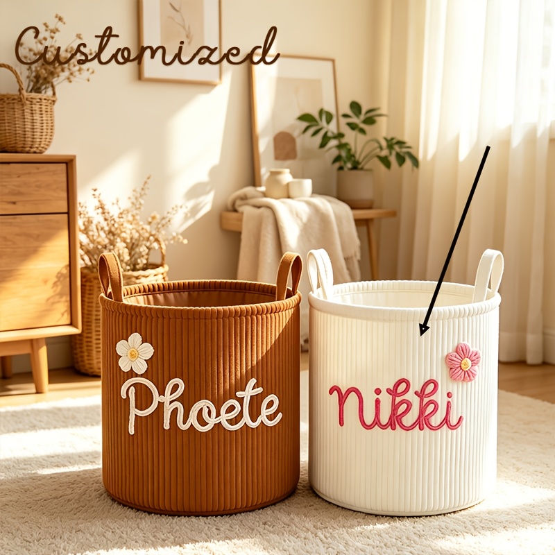 TEMU Panier de rangement personnalisé avec nom et lettres appliquées sur mesure - Grand bac de rangement en velours pour jouets, chambre et salon -