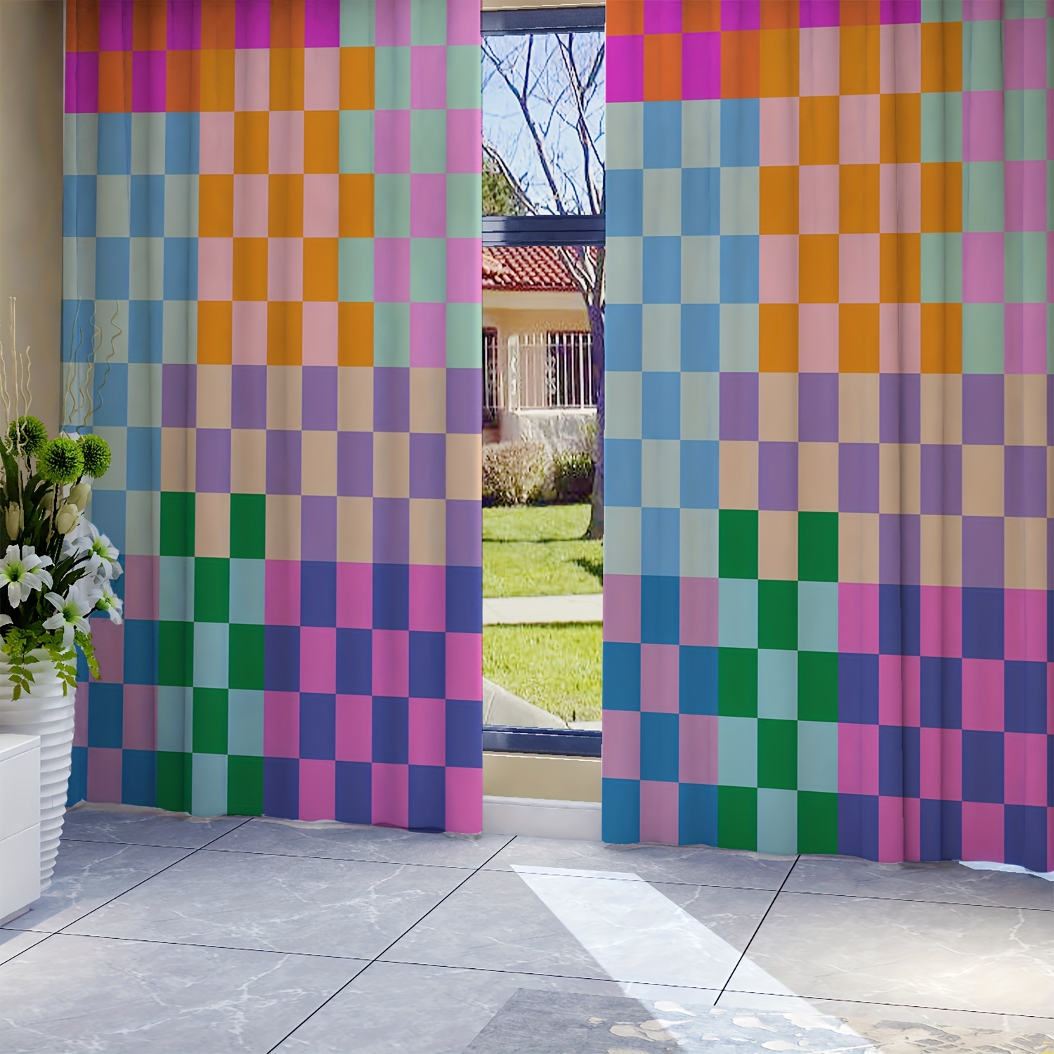 

2pcs Colorful Plaid Print Curtains, Rod Pocket Decorative Window Drapes, Window Treatments For Bedroom Living Room, Home Decoration, Room Decoration