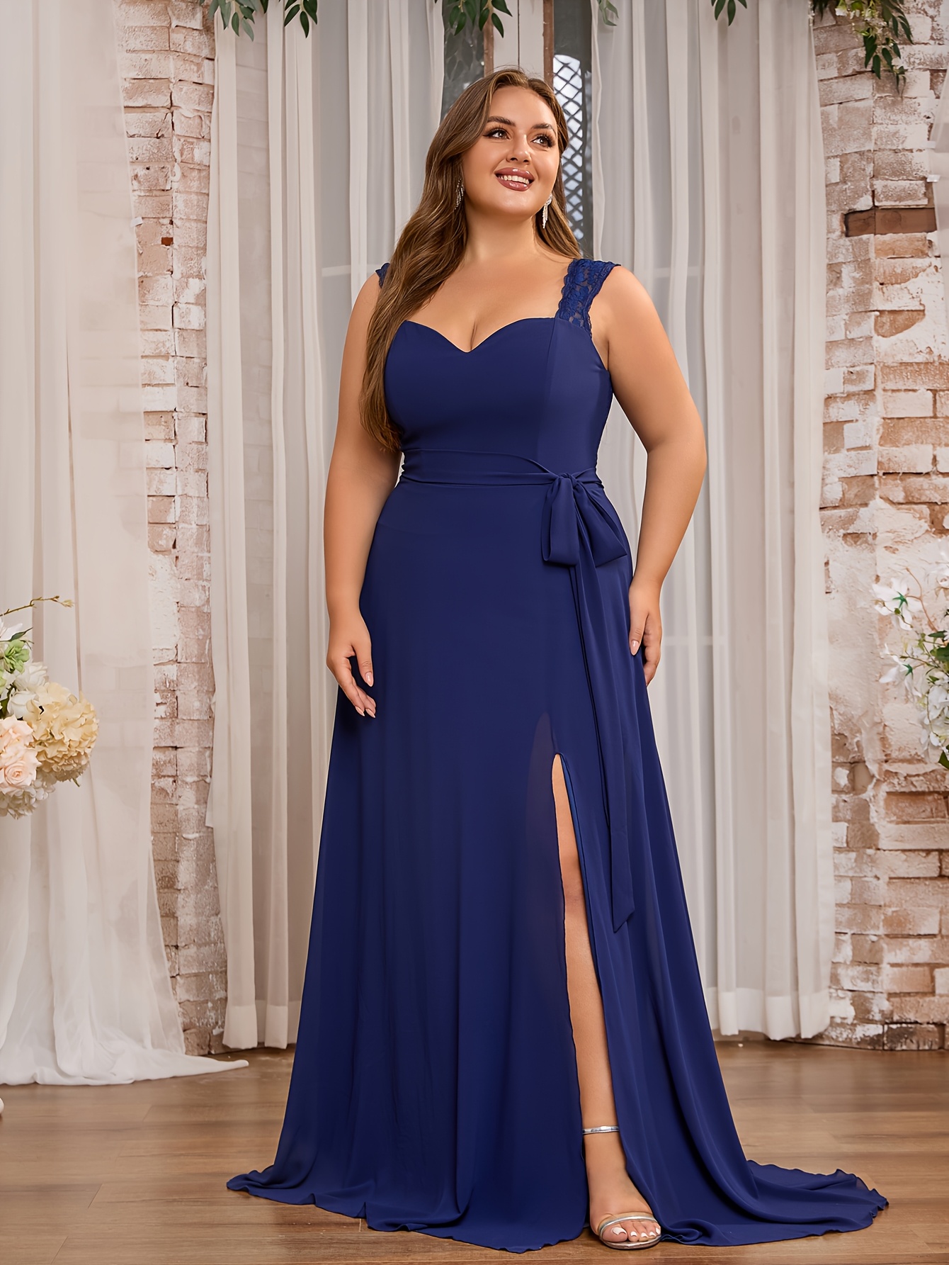Elegant Plus Size Navy Blue Maxi Dress with Lace Detail - V-Neck navy blue plus size dress sold on Temu United States