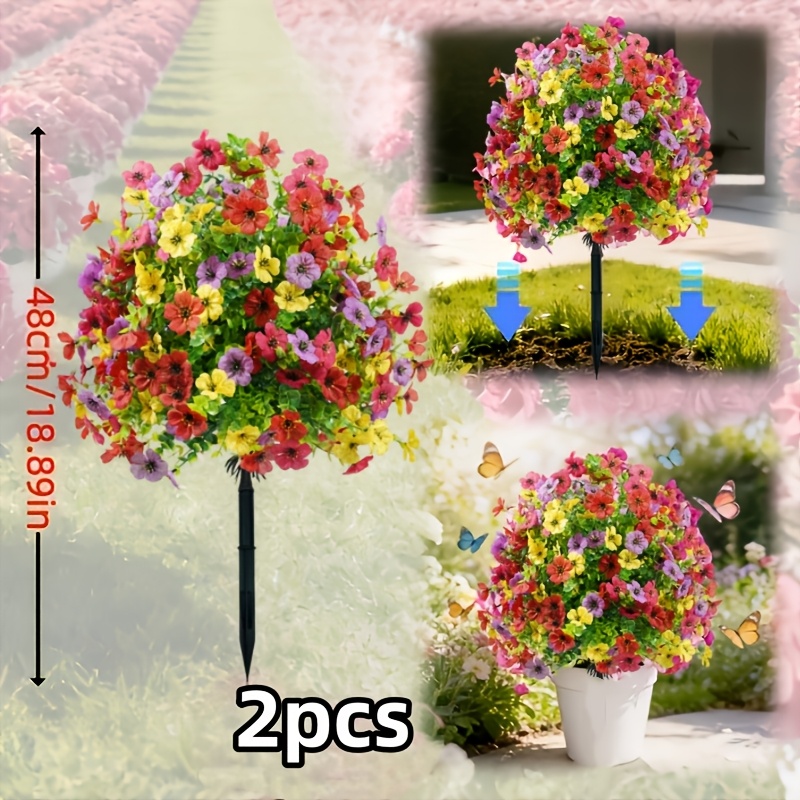 TEMU 2pcs Artificial Mixed Color Violet Tree Flower Bouquet With Stand, Exquisite Uv-resistant Fake Mixed Shrub Flower Arrangement For Summer/autumn