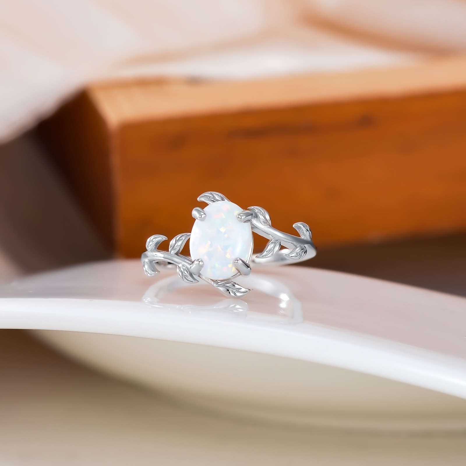 Sterling Silver Opal Leaf Ring for Women