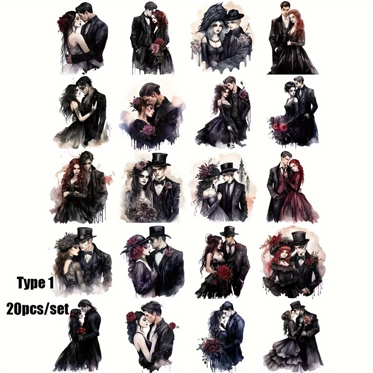 Image of 16/20pcs/set Retro Gothic Queen Diary Stickers, Creative Gothic Style Couple Handmade Scrapbooking Decals For Diy Journaling, Photo Album, Craft Supplies