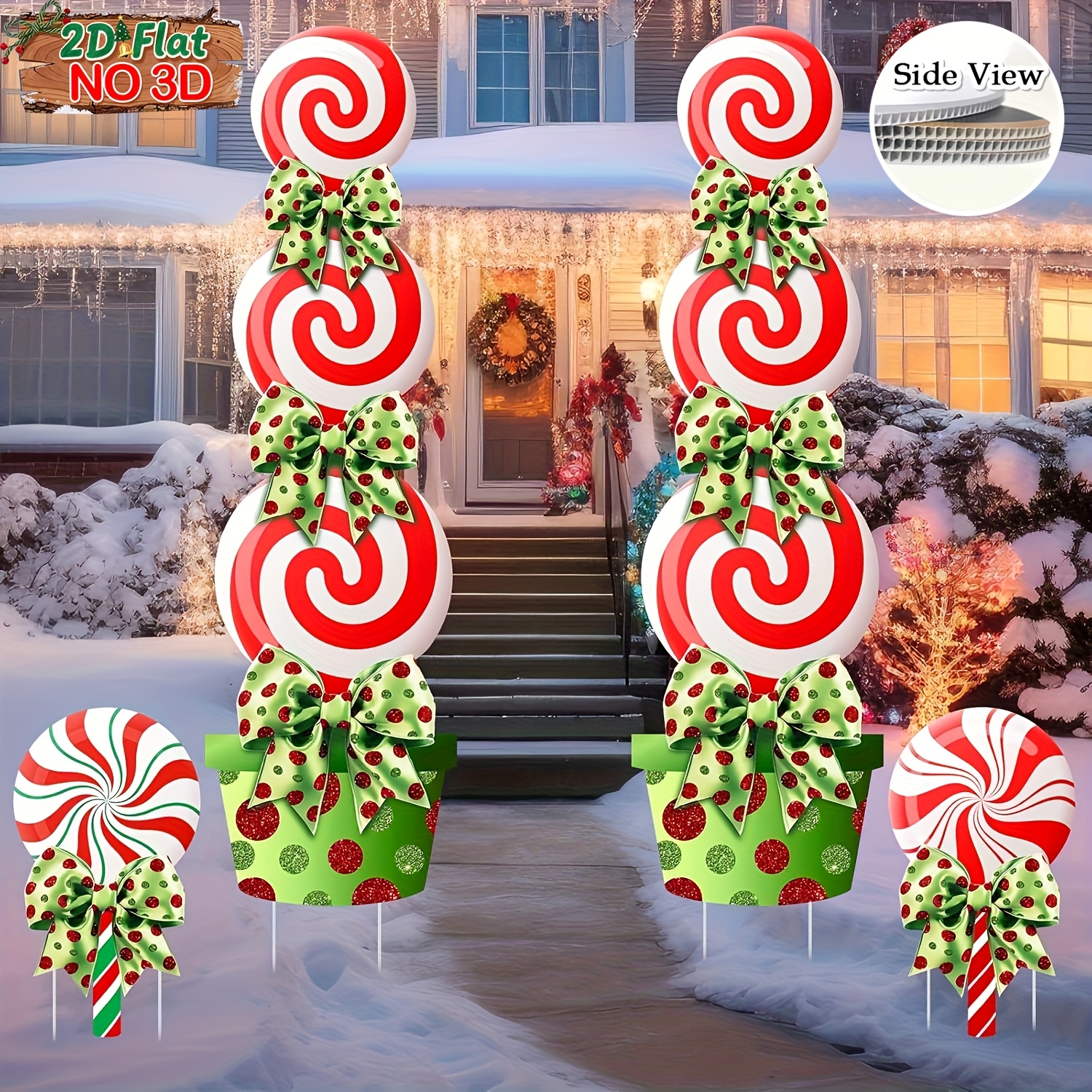 TEMU 4pcs Large Christmas Candy Yard Stakes With Stakes & Bow - Lime Green & Red Candy Canes, Peppermint Decorations With & , Outdoor Lawn Signs For
