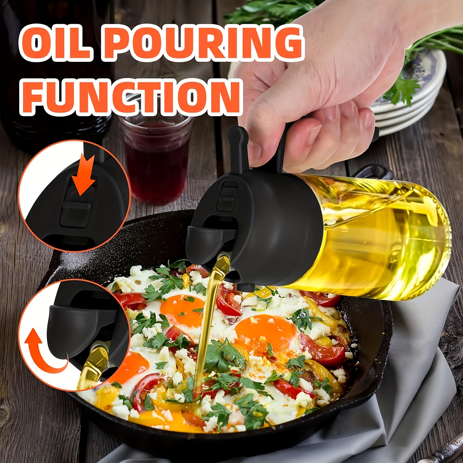 Dual-purpose oil sprayer and dispenser bottle, 15.8oz olive oil dispenser with spray and pour function, 470ml kitchen plastic oil sprayer with pourer, sprayer with anti-clogging filter, handheld leak-proof condiment container