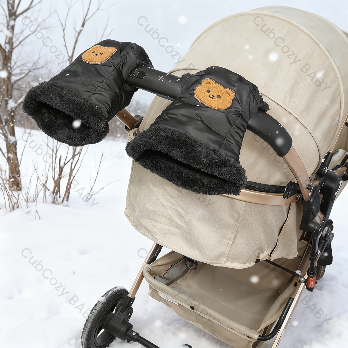 TEMU Guantes para cochecito con diseño de cabeza de oso adorable, beige y negro, fácil instalación, cálidos en invierno, 500