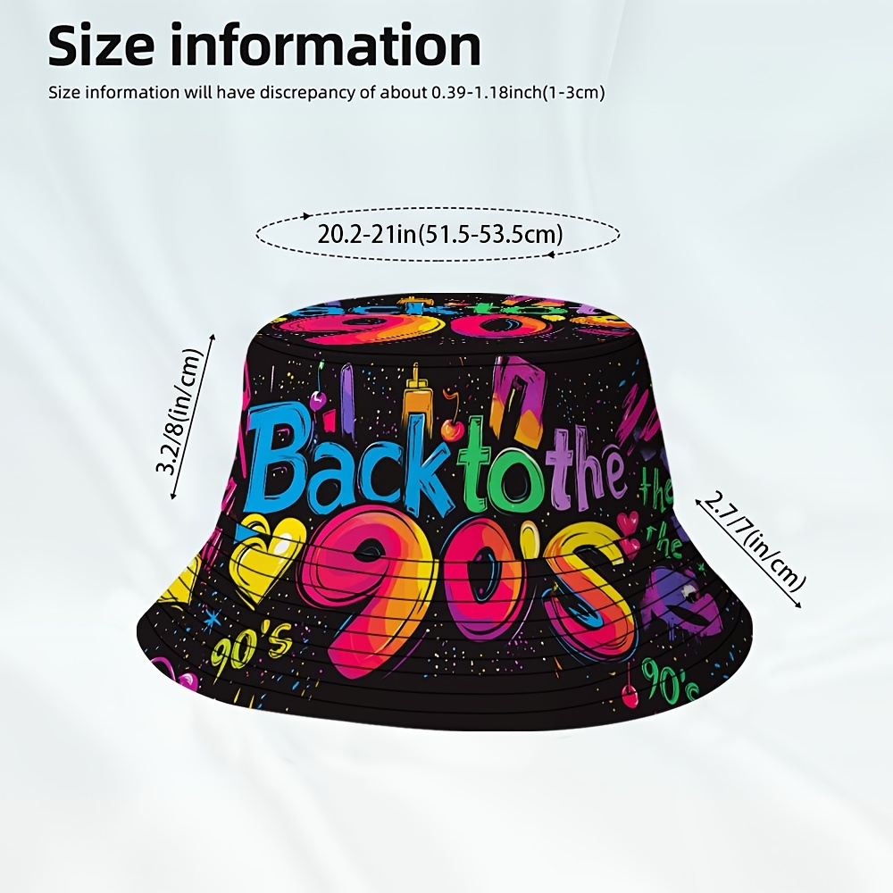 TEMU 2D Platte, 1-delige Retro 90s Kleurrijke Vibes Print Vissershoed, Stijlvolle Prints met Comfortabel Draagcomfort, Prachtig voor Vakantie