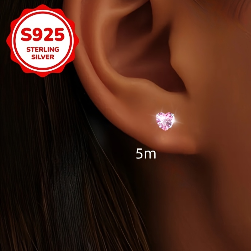 Women's Pink Heart Stud Earrings in S925 Silver