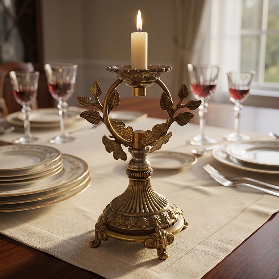Vintage Distressed Brass Carved Candelabra, European Style Metal Leaf Design Candle Holder, Three-Legged Base Tabletop Decorative Ornament