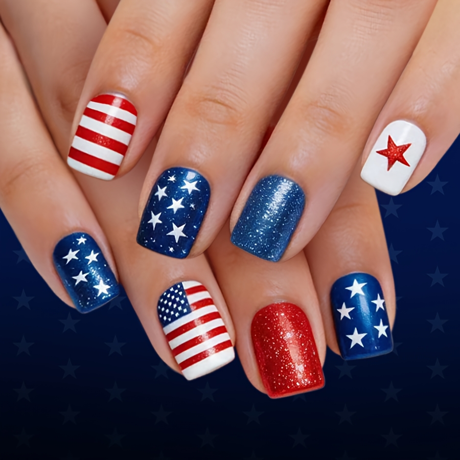 TEMU 24pcs American Flag Press On Nails Short Square Fake Nails Suitable For , Stripe With Glossy, Application For 4th Of, Parties, For Day