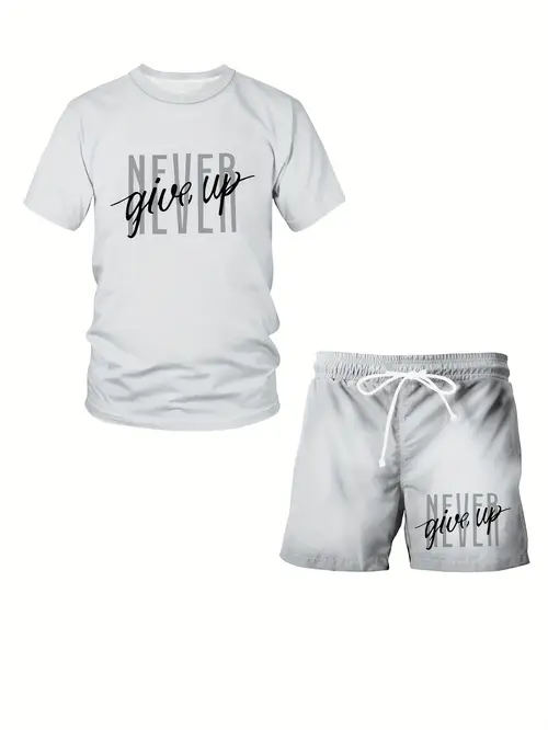 mens 2pcs 3d printed letters never give up summer casual round neck short sleeved t shirt and drawstring shorts set sporty styleonly selling short sleeves not shortsthe perfect fathers day gift to commemorate