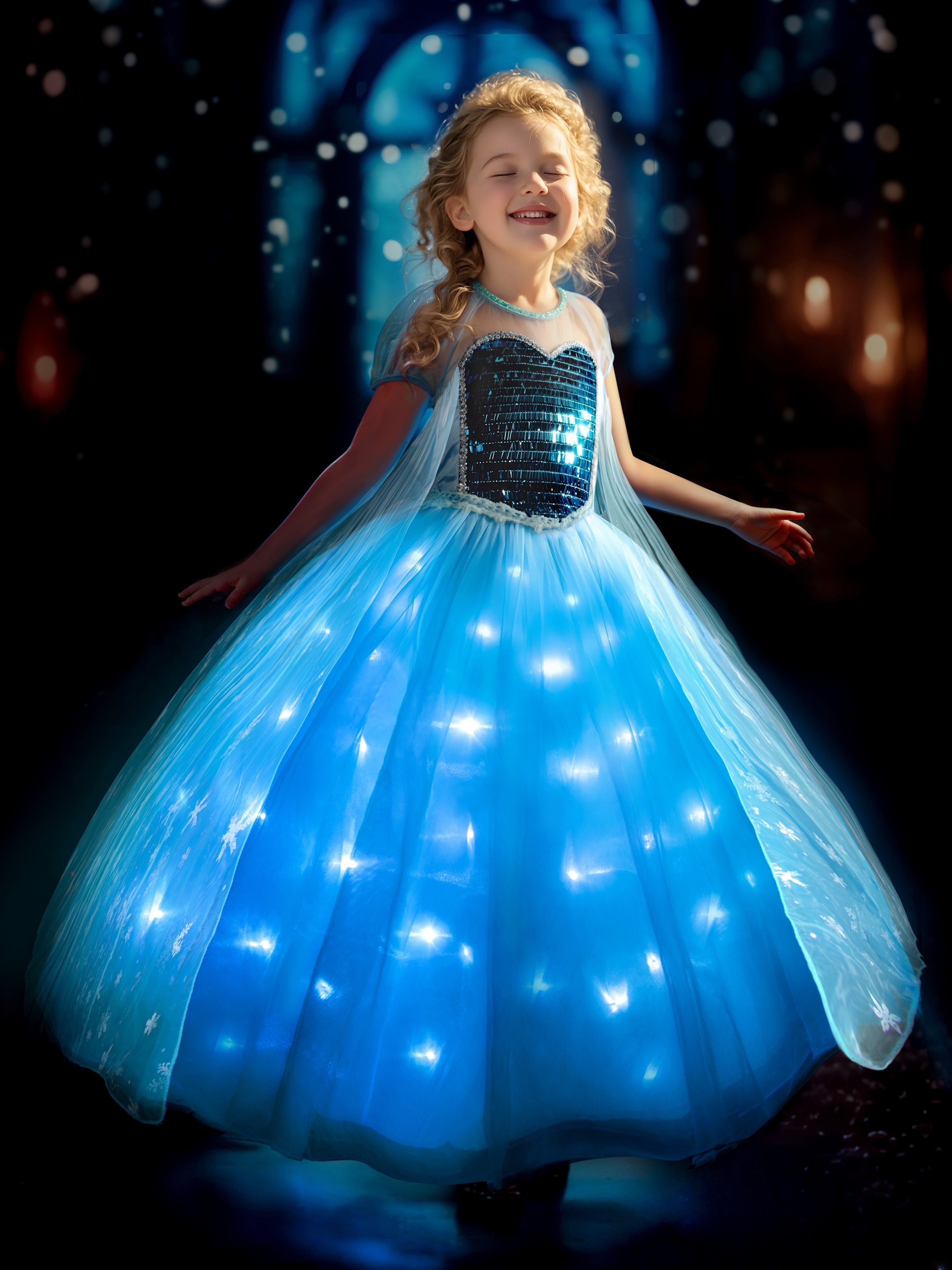 girls halloween carnival led light up dress spooky blue sequin party costume with   short sleeve round neck and flared skirt batteries not included