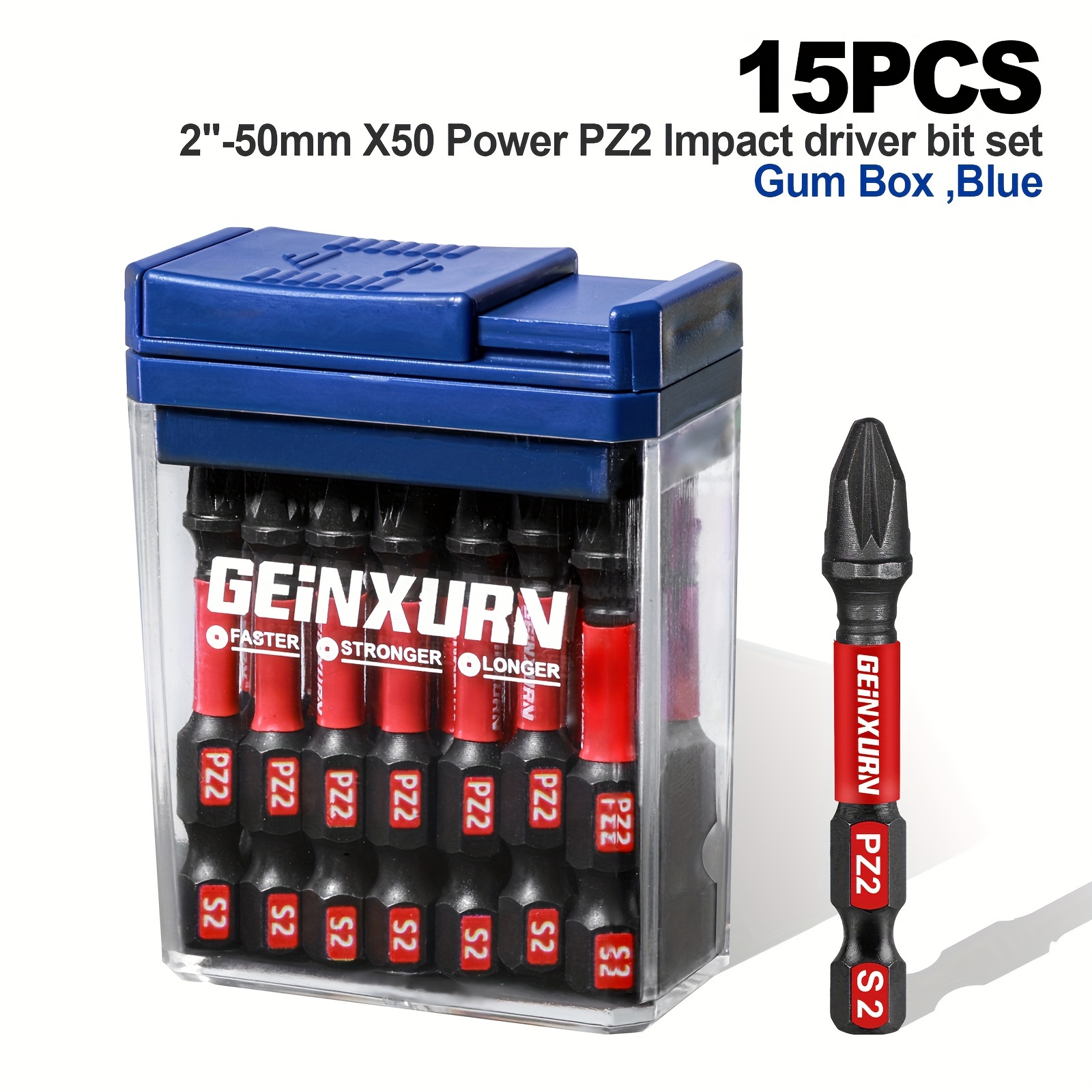 

Geinxurn 15pcs Impact Screwdriver Bit Set, 2"-50mm, X50 Power Pz1/2/3, Hex Head, S2 Steel - White/red/black