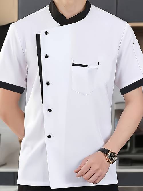 ideal for summer mens chef jackets feature a diagonal button design stand up collar short sleeves and are made from lightweight breathable fabric use in kitchens hotels and dessert shops