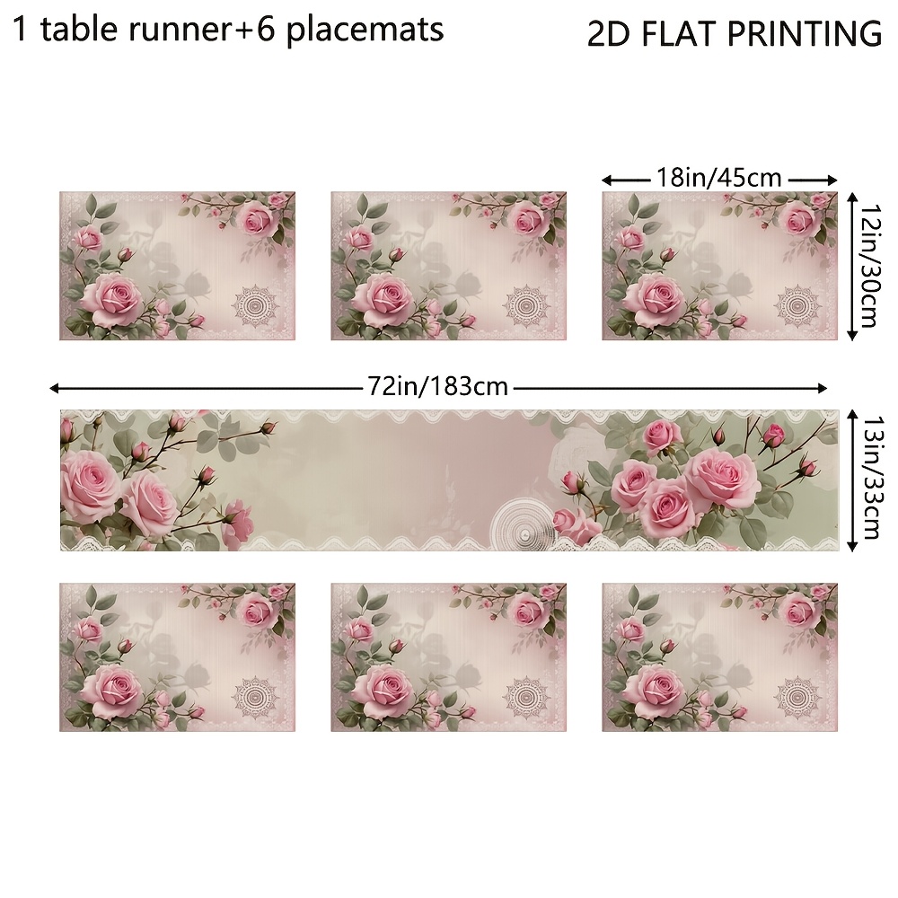 TEMU 5/7pcs Table Runner And Placemat Set, Rose Lace Pattern, Seasonal Table Decorations, For Holiday Parties, Gatherings, Country Farmhouse Kitchen