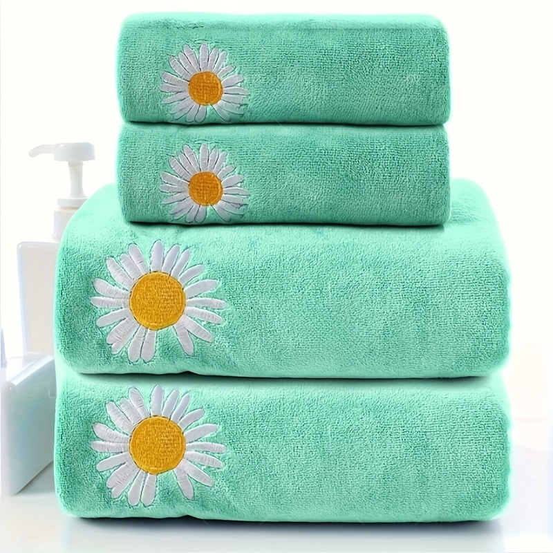 TEMU 4pcsss Super Large Bath Towel Set, Embroidered Daisy 4pcsss Set: Includes 2 Large Towels, Hand Towels, Hair Drying Towel + 2 Super Large Bath