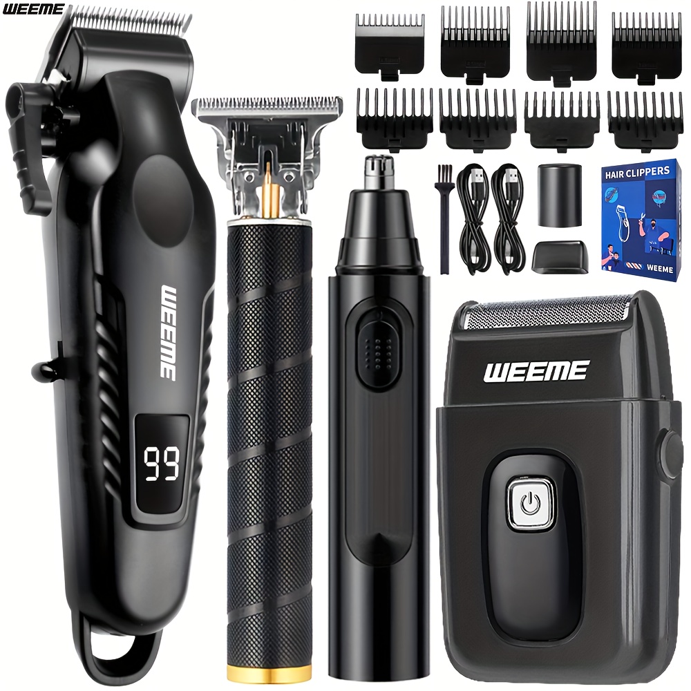 Image of Weeme 4pcs Man's Grooming Kit Electric Hair Clipper + Beard Trimmer + Shaver + Nose Hair Trimmer, Usb Rechargeable With Lcd Display | Perfect Gift For Dad, Husband, Boyfriend (father's Day/birthday)