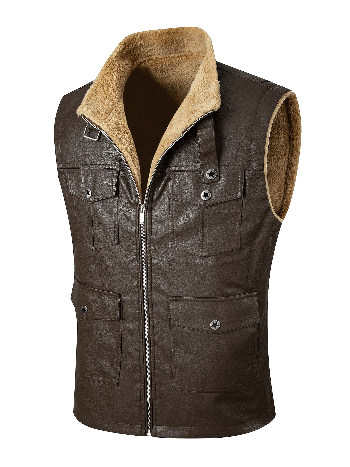 Men'S New Autumn And Winter Fleece Vest, Fashionable Casual Multi-Pocket Outdoor Men'S Sleeveless Jacket, Washed Vest, Small Stand-Up Collar Buckle Decoration