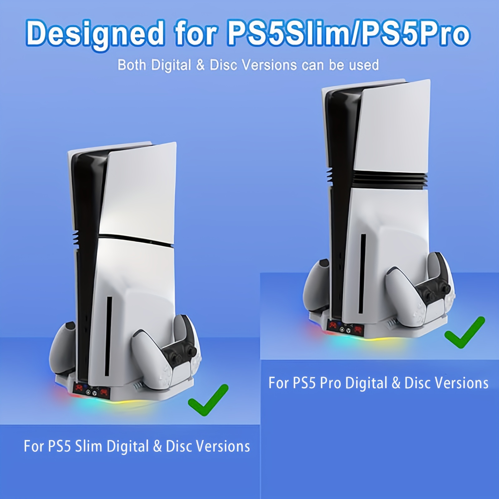 Koelstandaard voor de PS5 Pro/Slim console, inclusief een controller oplaadstation, ontworpen voor zowel de disc als de digitale edities, met een oplaadstation voor PS5/ voor ps5 Edge, een verstelbare ventilator met drie snelheden en een indicatorlamp