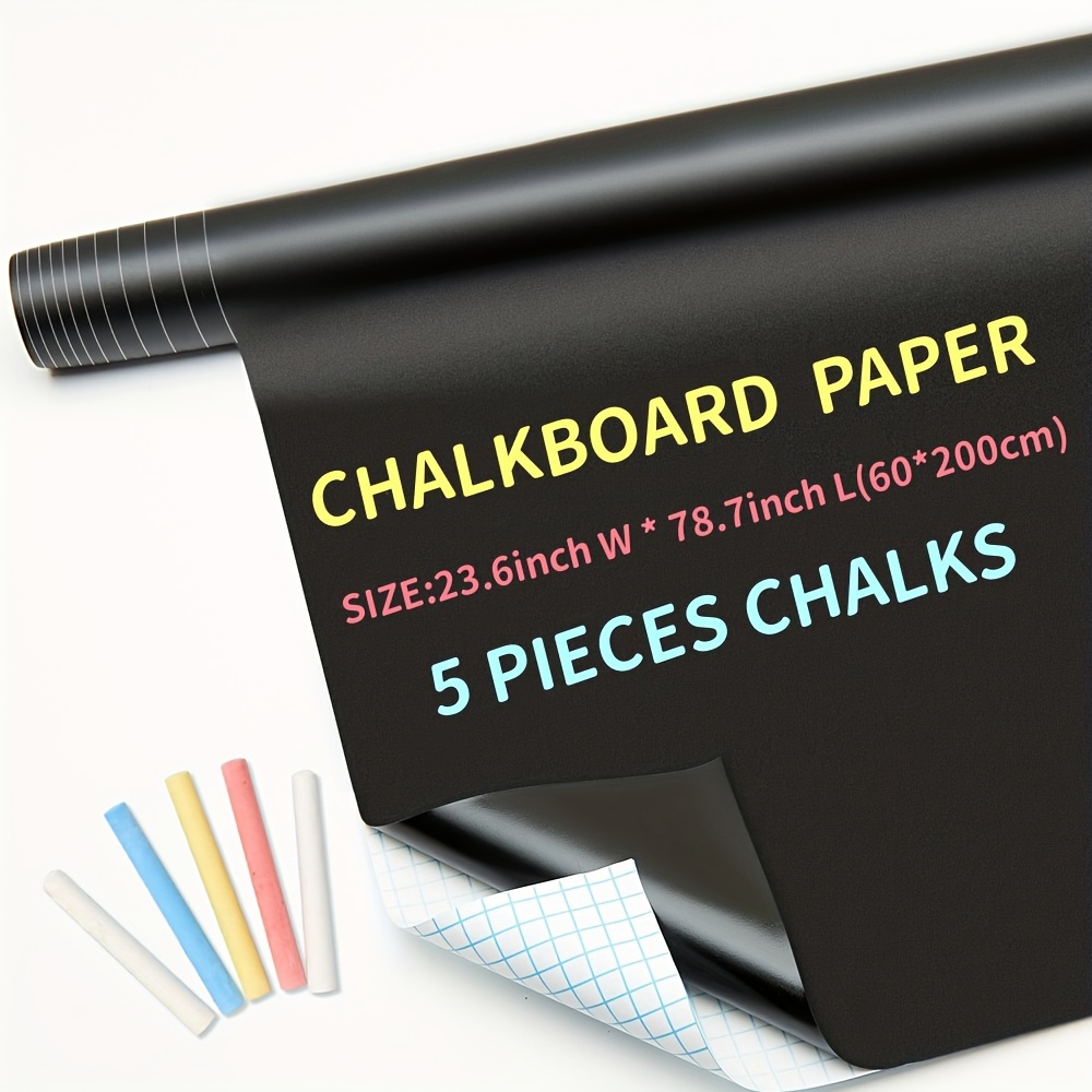 

60*200cm(23.6*78.7inch) Chalkboard Paper Sticker 1 Roll- 5 Chalks Included - Self Adhesive, Removable Diy Wall Sticker For School, Office, Home, Art - Black Chalkboard Stickers Art Projects