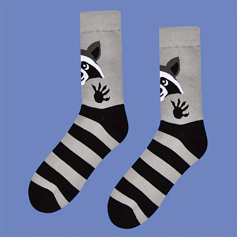 

Unisex Fashion Cartoon Raccoon Novelty Mid-calf Socks, Cotton With Acrylic, Warm Knit Fabric, Machine Washable - 1 Pair