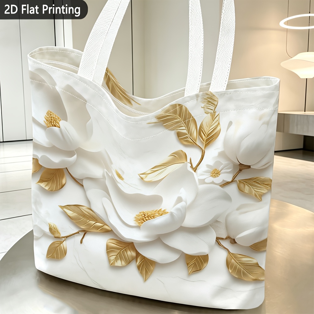 TEMU 1pc, Women's Shoulder Bag, 2d Flat White With Floral And Print, Christmas And Halloween Theme, Handbag, Reusable, Fashionable Casual, Holiday