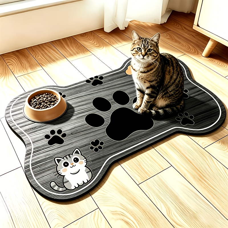 TEMU Kitten Puppy Dual Cartoon Print Pet Feeding Mat - Bone Shaped Wood Grain Non-slip Moisture-resistant Easy-clean, Clean, Suitable For Cats And