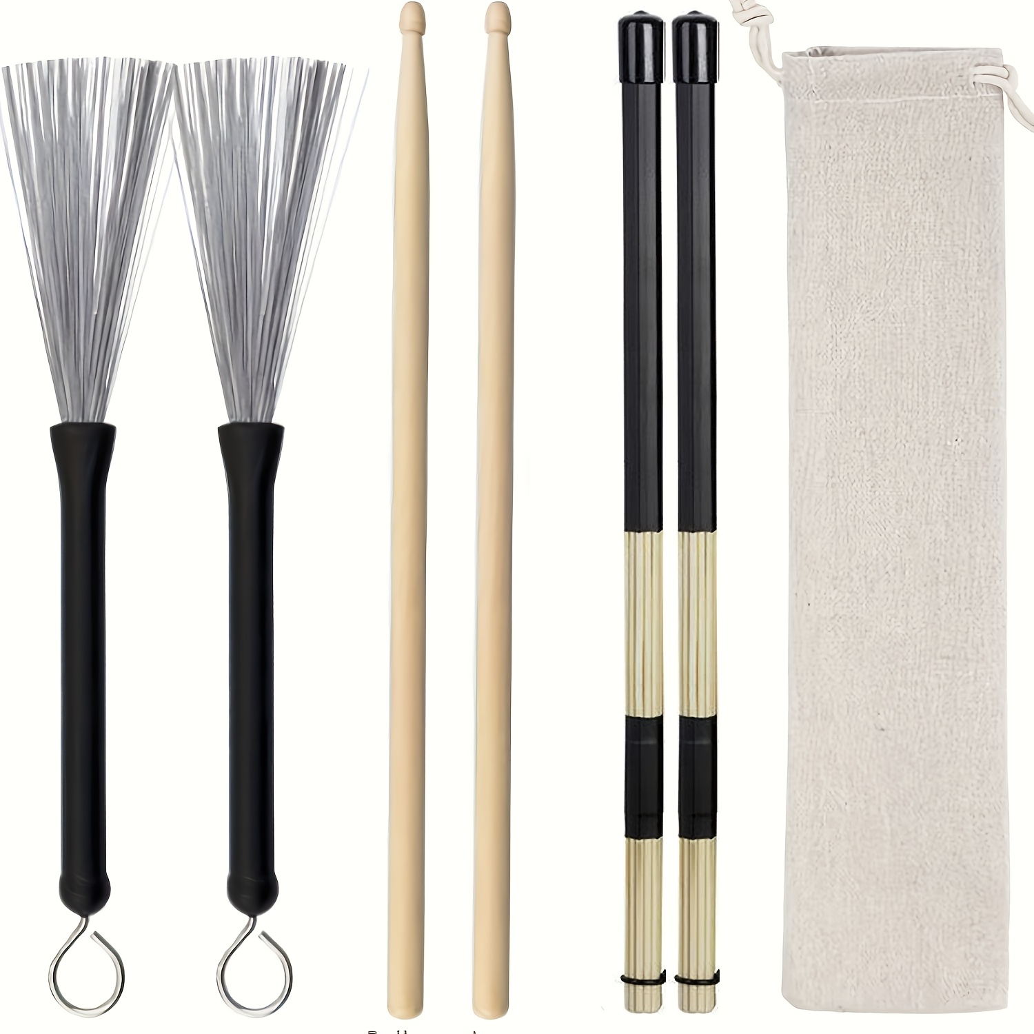 TEMU Kit profesional de 3 de baquetas y percusión con baquetas de madera 5A, cepillos de alambre retráctiles y varillas de bambú, adecuado para
