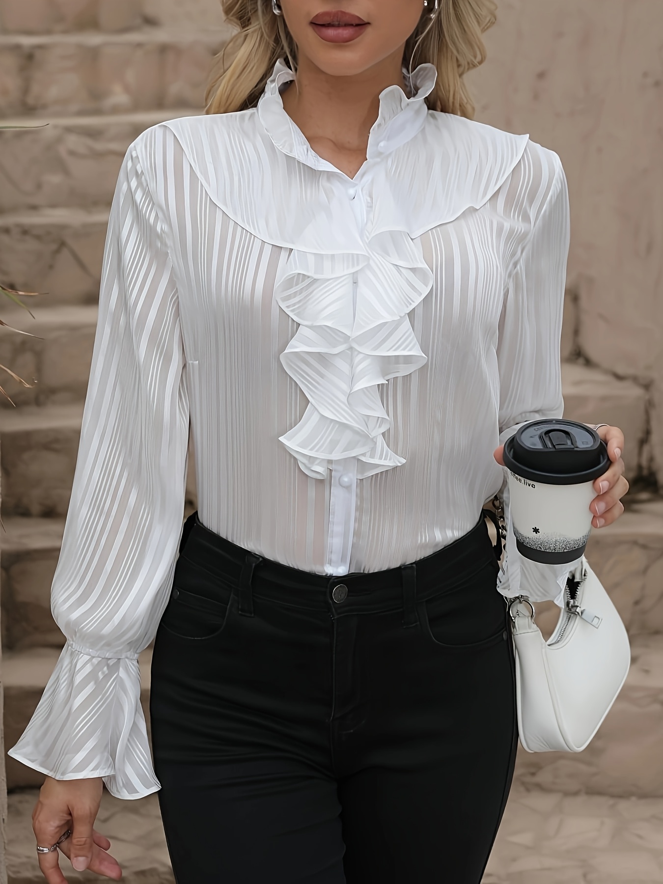 elegant white ruffle collar long sleeve blouse v neck - Temu Mauritius, image size:800x1067