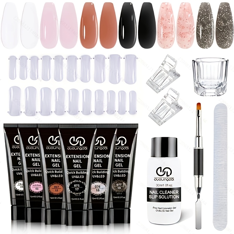 Image of Poly Nail Extension Gel Kit With Lamp, 6 Neutral Colors Black Pink Nude Building Gel Manicure Set Easy Nail Art