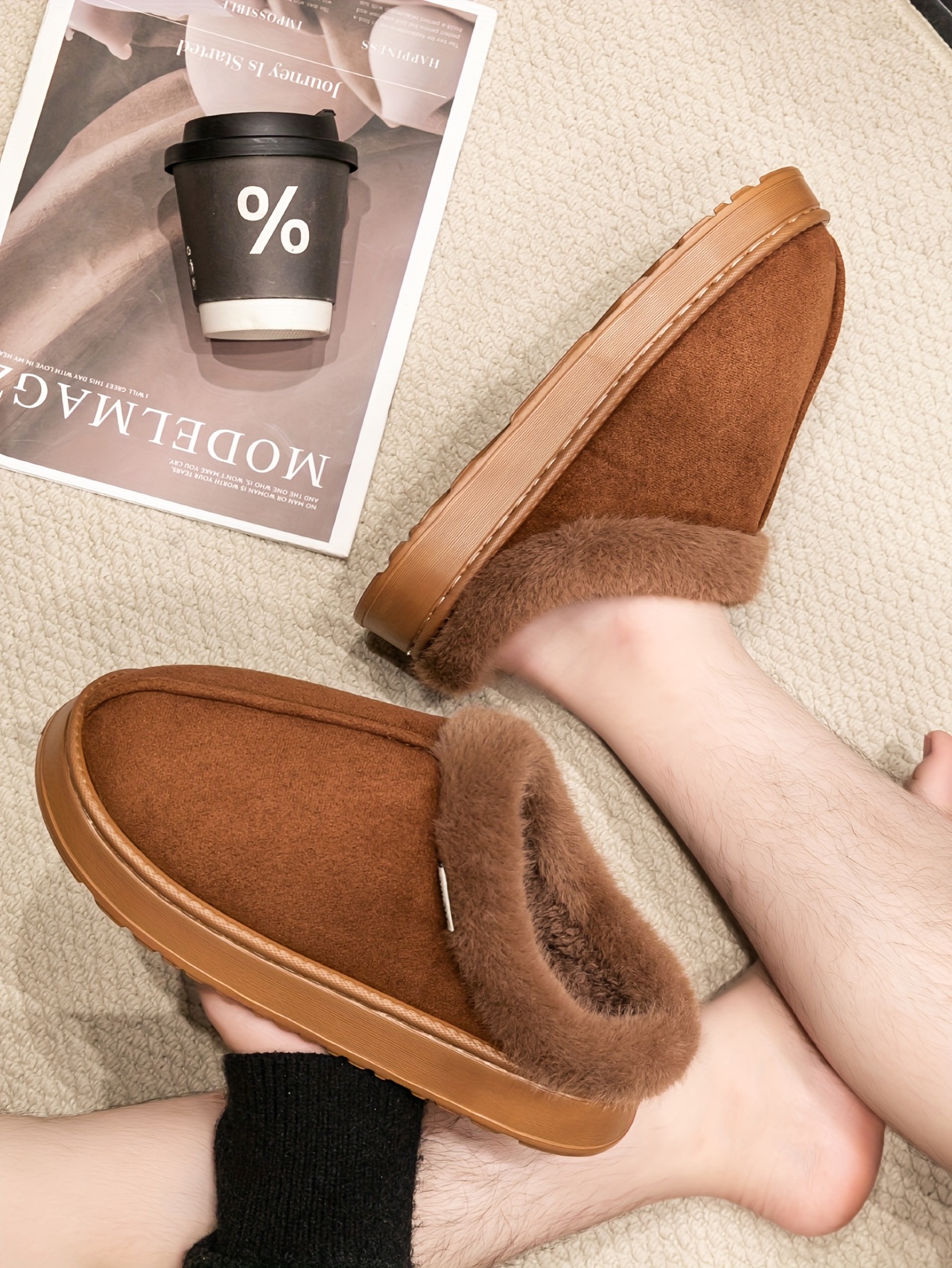 1 par de pantuflas de felpa acogedoras para hombre,   gruesa antideslizante de felpa   de invierno, calzado casual de moda de color   para interiores/exteriores, estilo minimalista, punta redonda, parte    ,   de eva, forro y plantilla de tela. detalles 0