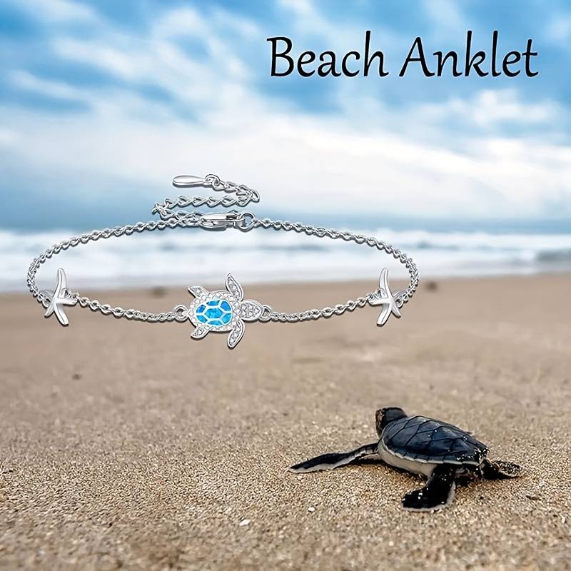 Handmade Turtle Sea Ocean Beach Stainless Steel Anklet With Curb Chain - 9" + 2" Extender, Silver