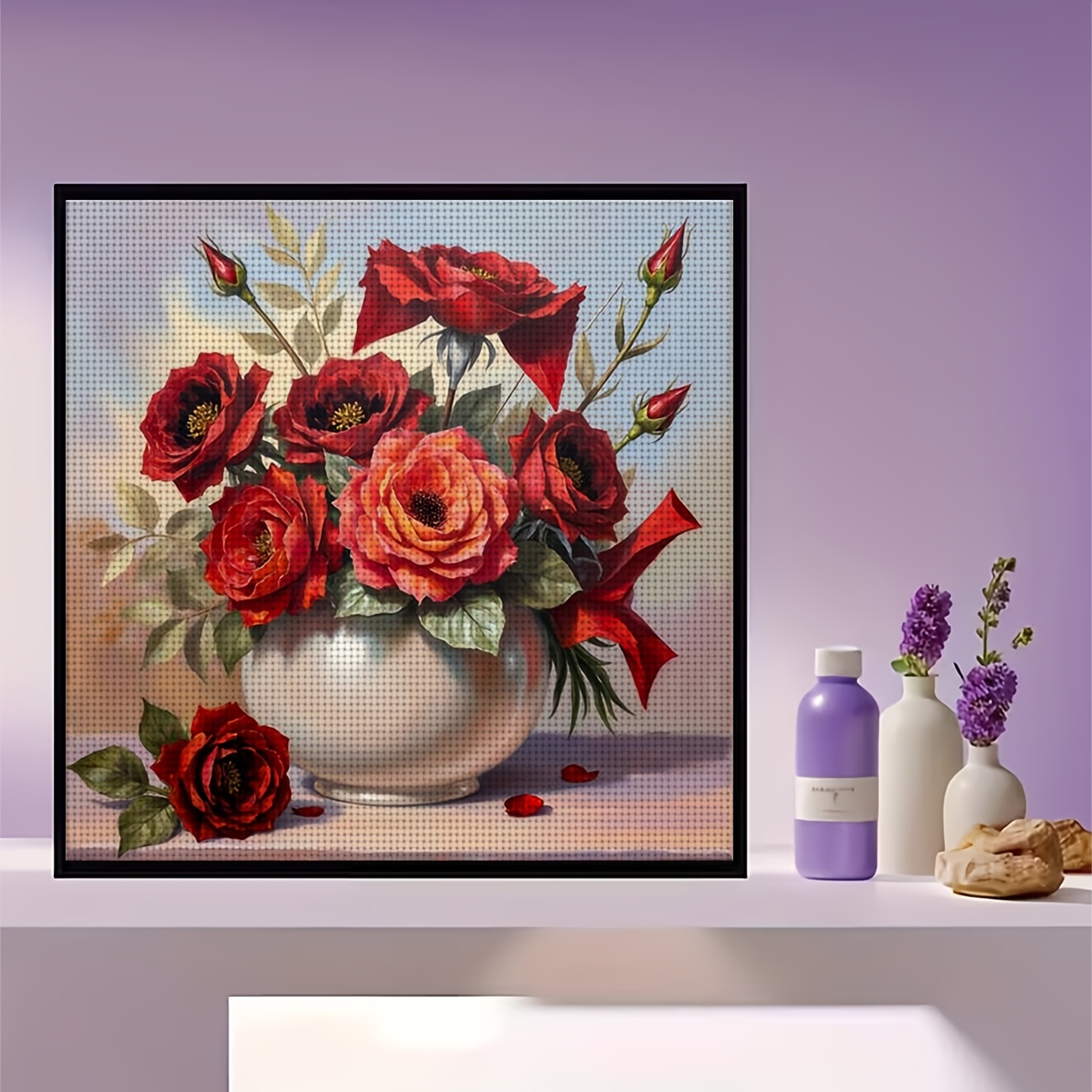 Cross Stitch Printed Kit, White Bottle Red Rose Floral Arrangement
