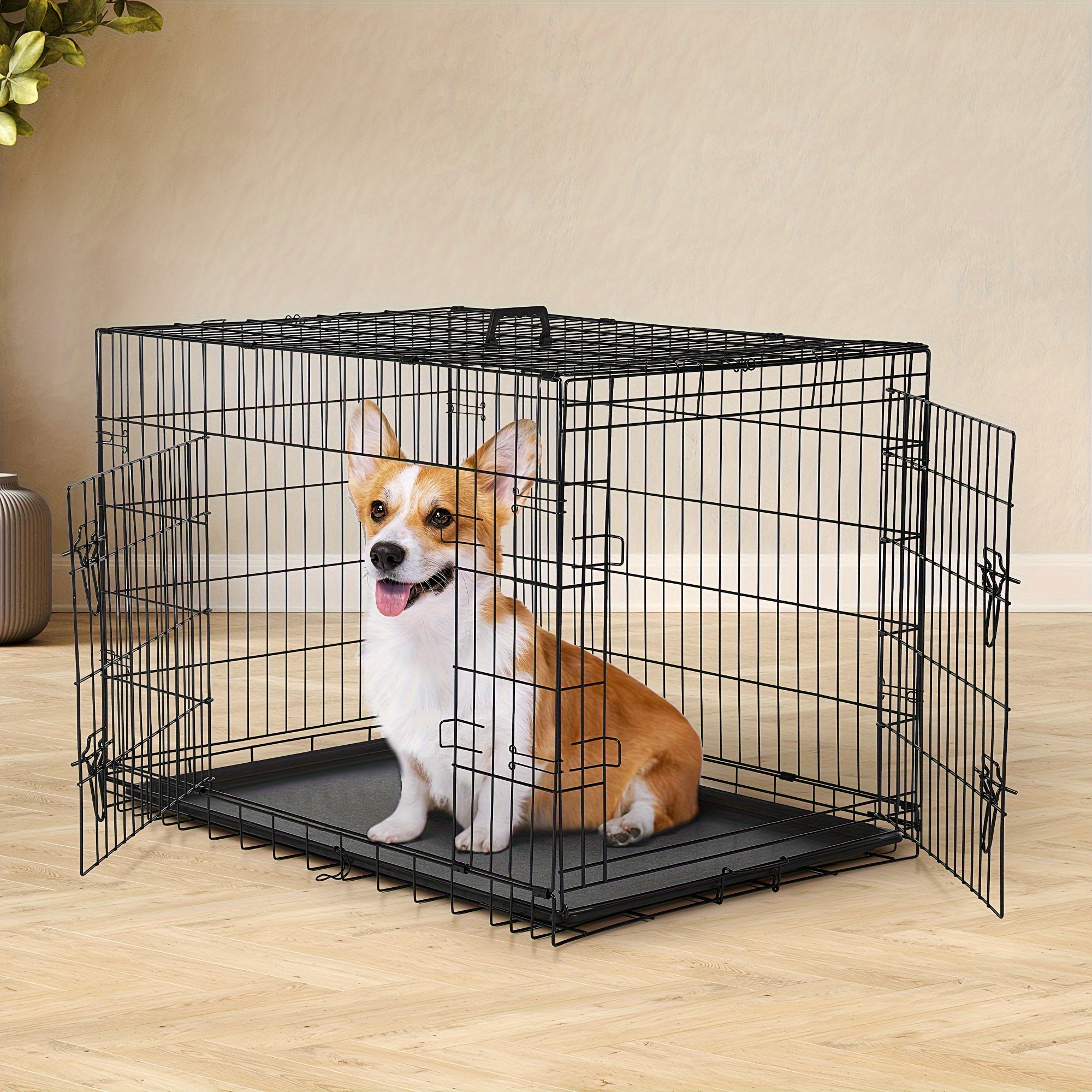 

Dog Crate With Double-door, Enhanced Metal Foldable Pet Cage With Divider Panel & Removable Tray, Portable For Out-indoor With Handle, Black