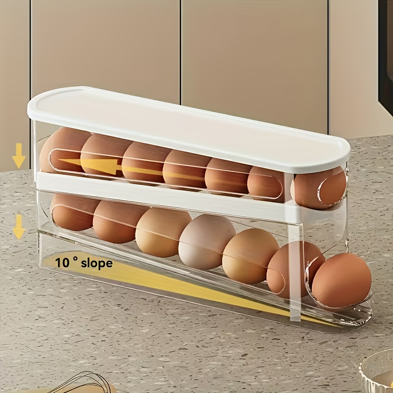 TEMU 1pc Refrigerator Egg Rack With Rolling Feature. Automatic Sliding Mechanism. Space And Labor Saving. Slanted Automatic Egg Roller, High Capacity