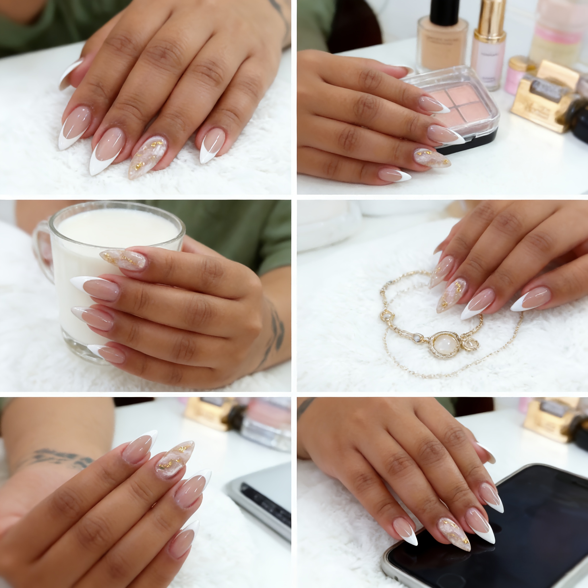 Image of Long Stiletto Press On Nails, French Tip Nude False Nails With Marble Design, Reusable Acrylic Fake Nails For Women Daily Wear, Party, Wedding