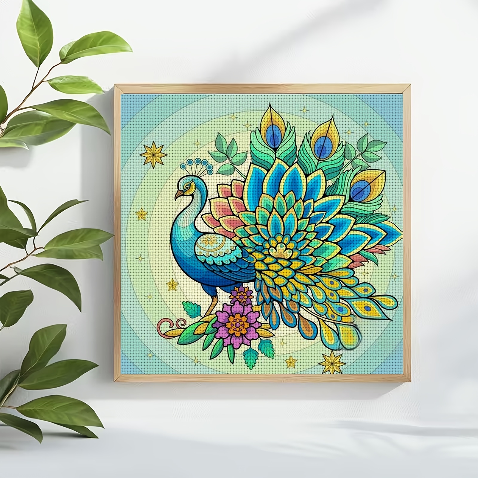 Cross-Stitch Printing Kit, 'Colorful Feather Peacock Illustration' Design