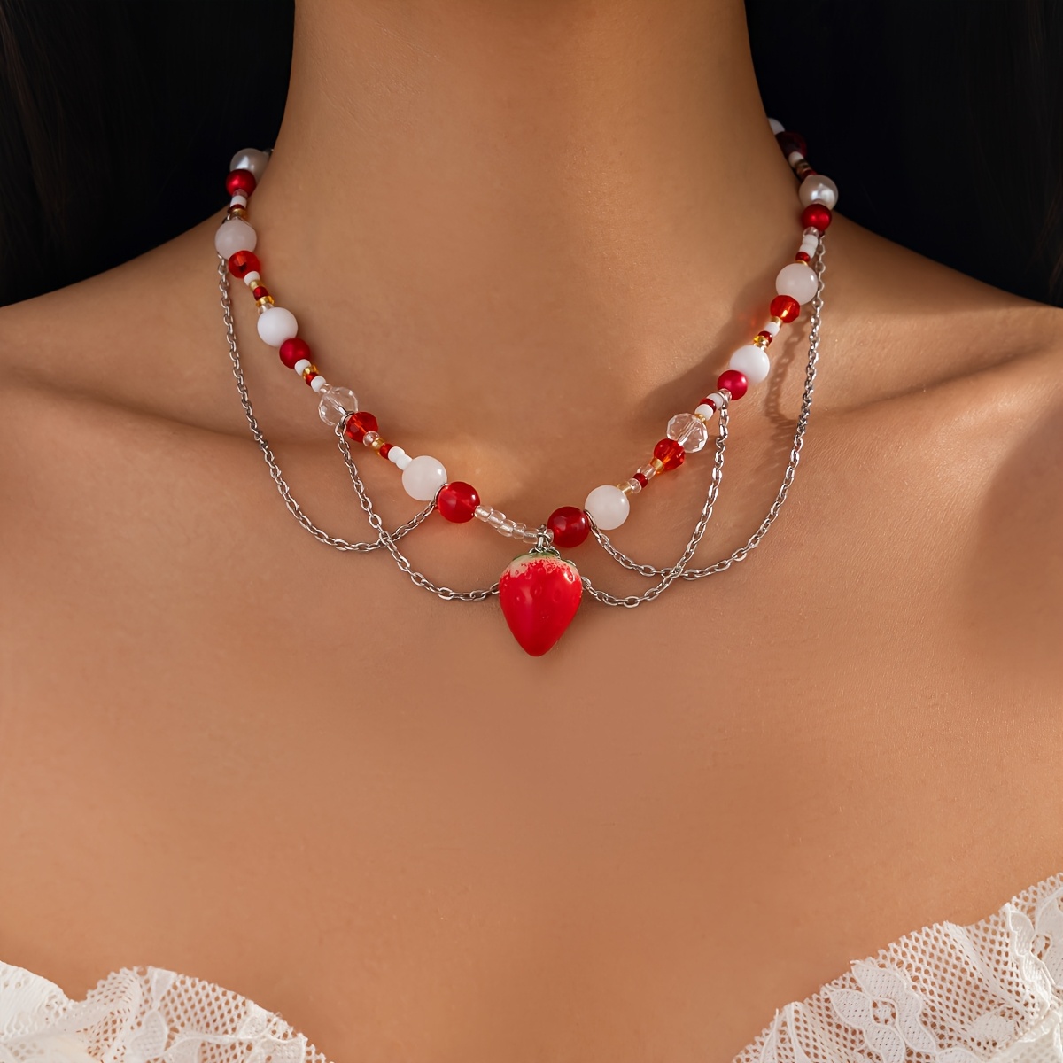【trimarch】P.S(Pearl shell) strawberry heart necklace Cloud Strawberry Pearl Necklace | Dollchunk by Kristen Bateman