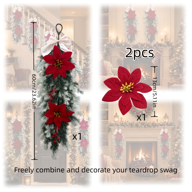 TEMU 2pcs Set Christmas Hanging Ornaments, 23.62-inch Artificial Frosted Pine Branches With Bows And Red Berries, Includes Hanging Loops And