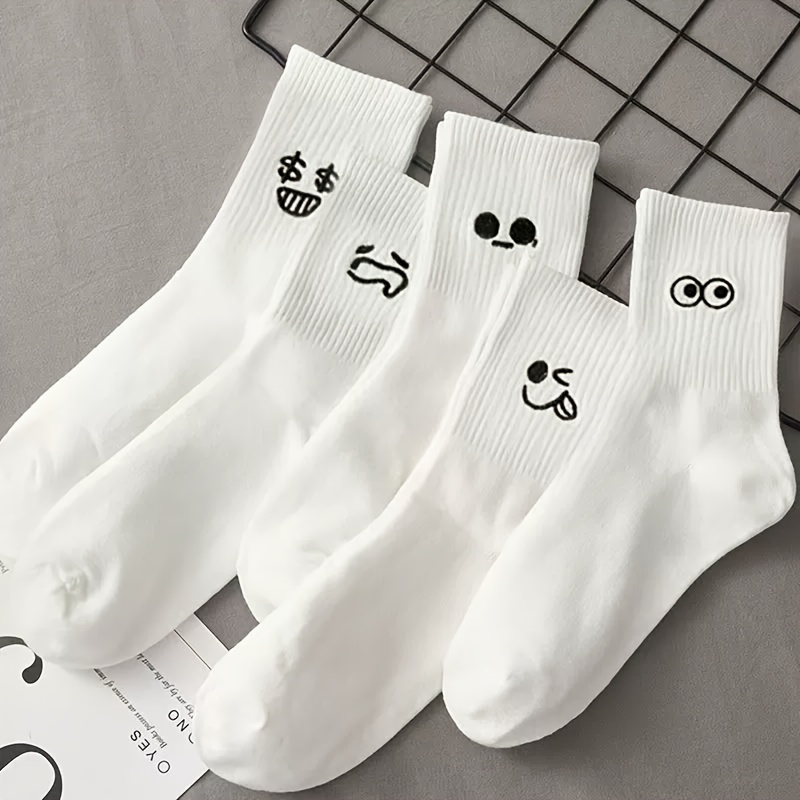 TEMU ポリエステル＆ス混紡製、洗濯機対応、かわいい表情のミドルカーフソックス5足セット、女性用、ショートアンクルソックス、韓国ファッション、日本スタイル