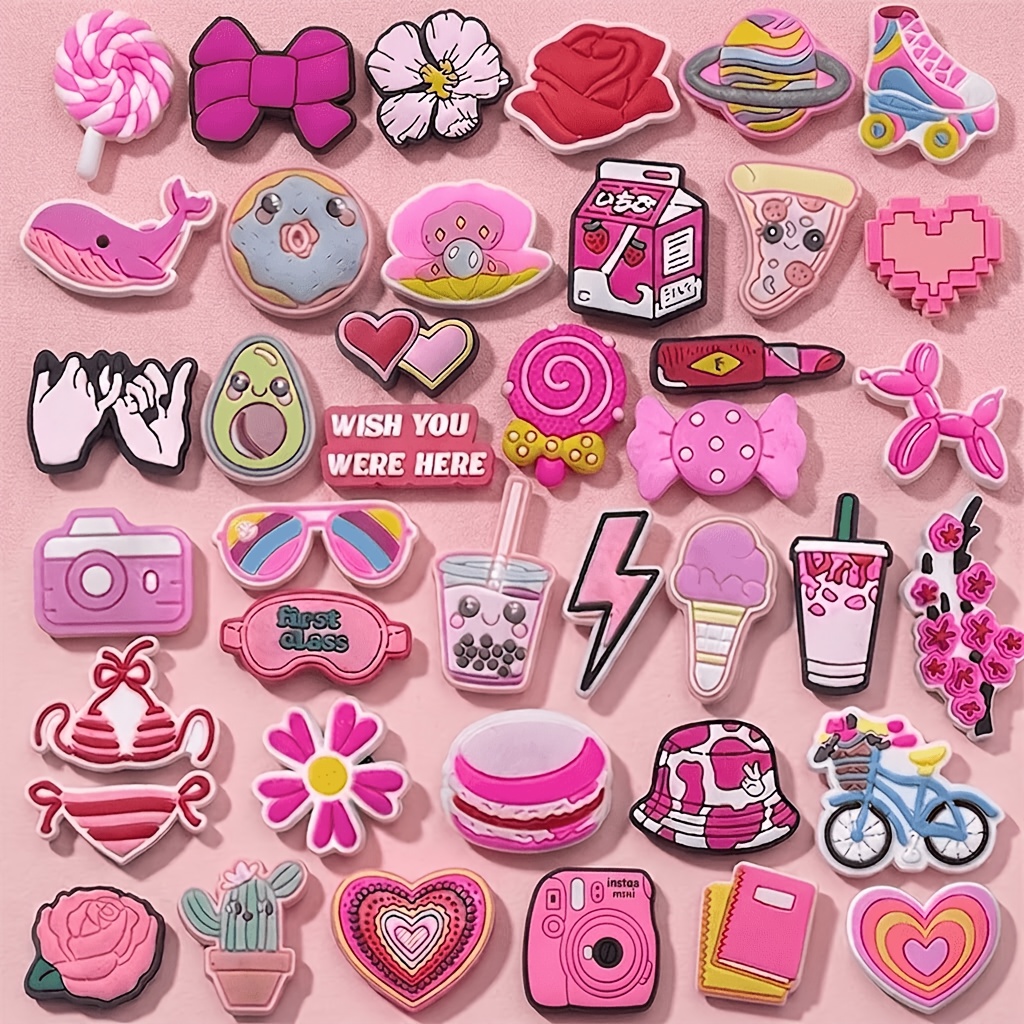 TEMU 40 pz Ciondoli per Scarpe Carini Kawaii Y2K Rosa in PVC con Motivi a Cartone Animato, Ideali come Regalo e Adatti a Tipi di Sandali Slip-on