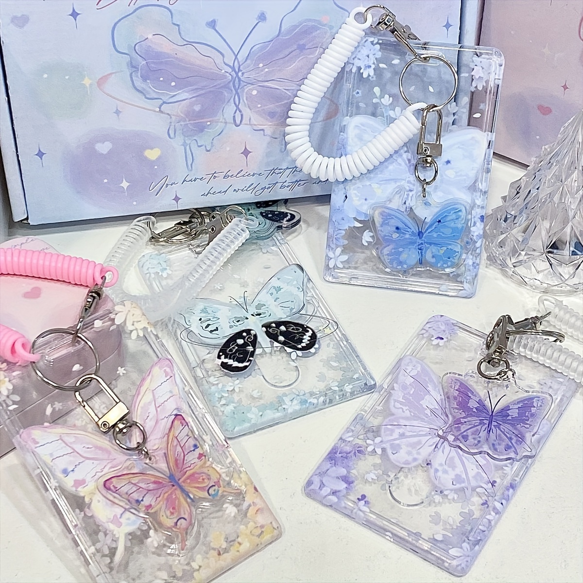 

4pcs Acrylic Color Transparent Butterfly Pattern Id Card Protective Cover Meal Card Campus Card Card Holder With Lanyard