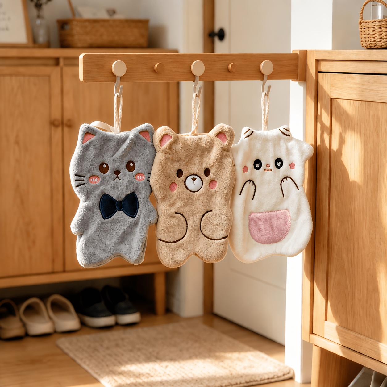 TEMU Lot de 3 serviettes à main mignonnes animales, serviettes absorbantes suspendues en douce, chiffons d' et de chat de dessin pour salle de bain,