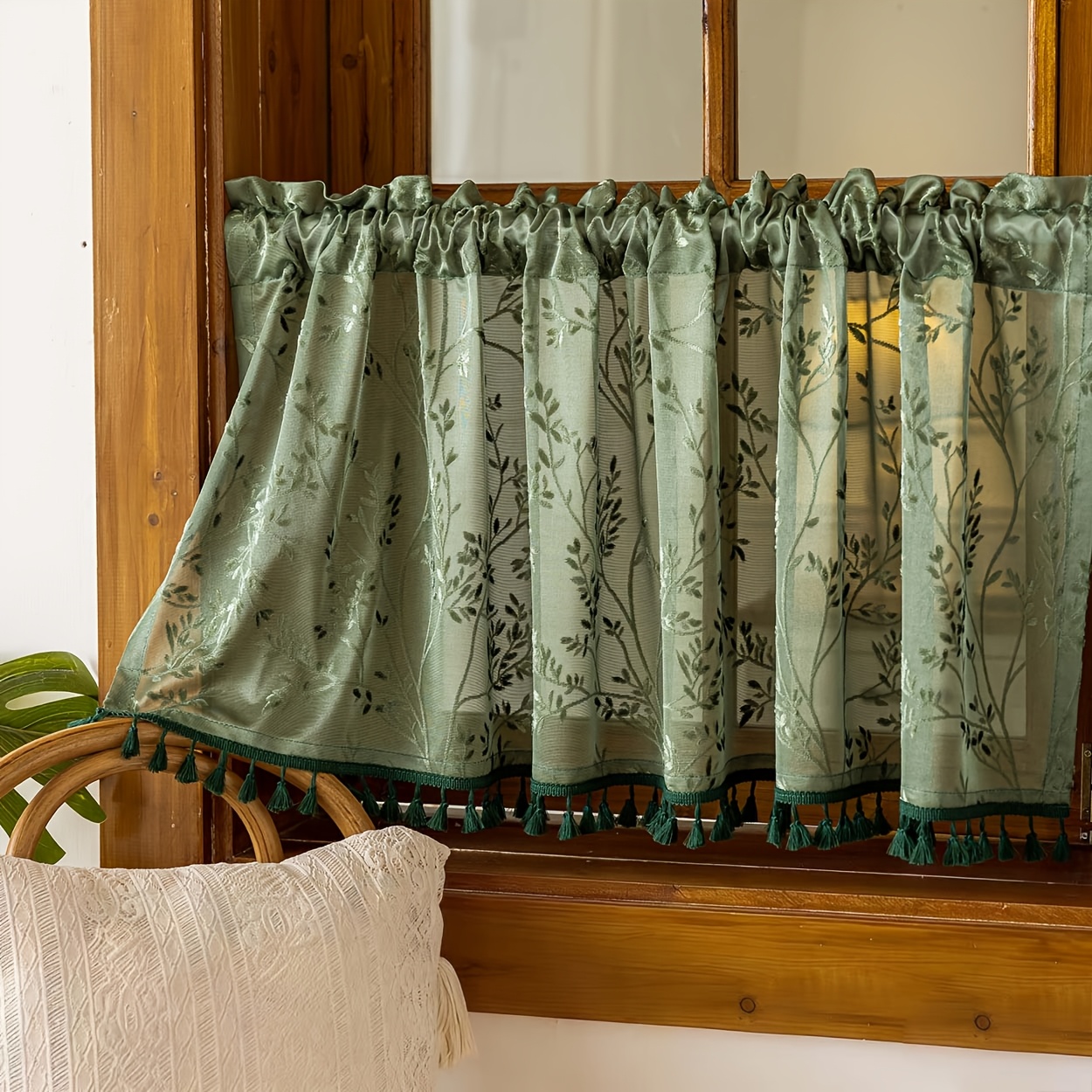 Image of 1panel Pastoral Vintage Tassel Lace Jacquard Sheer Curtain, Rod Pocket Hanging, Suitable For Garden, Cottage, Living Room, Bedroom, Balcony, Kitchen, Window Decor Etc