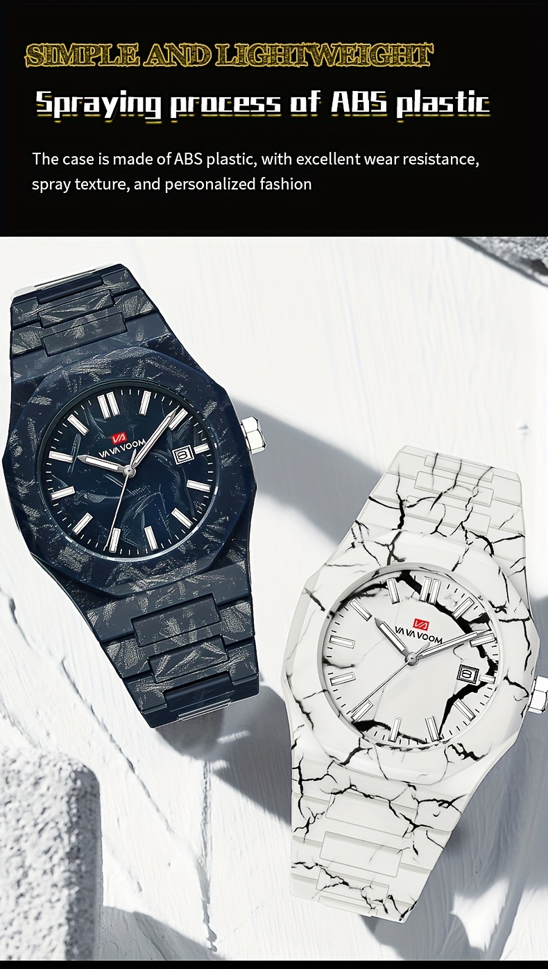 mens luxury quartz watch 40mm oval blue dial luminous calendar feature   marble striped plastic strap waterproof 30m battery powered electronic movement non rechargeable button battery regular cleaning   leisure wristwatch details 1